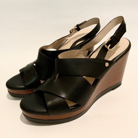 Cole Haan Womens Laci Black Platform Wedge Sandals Leather Slingback Heels 9.5 - Picture 6 of 13